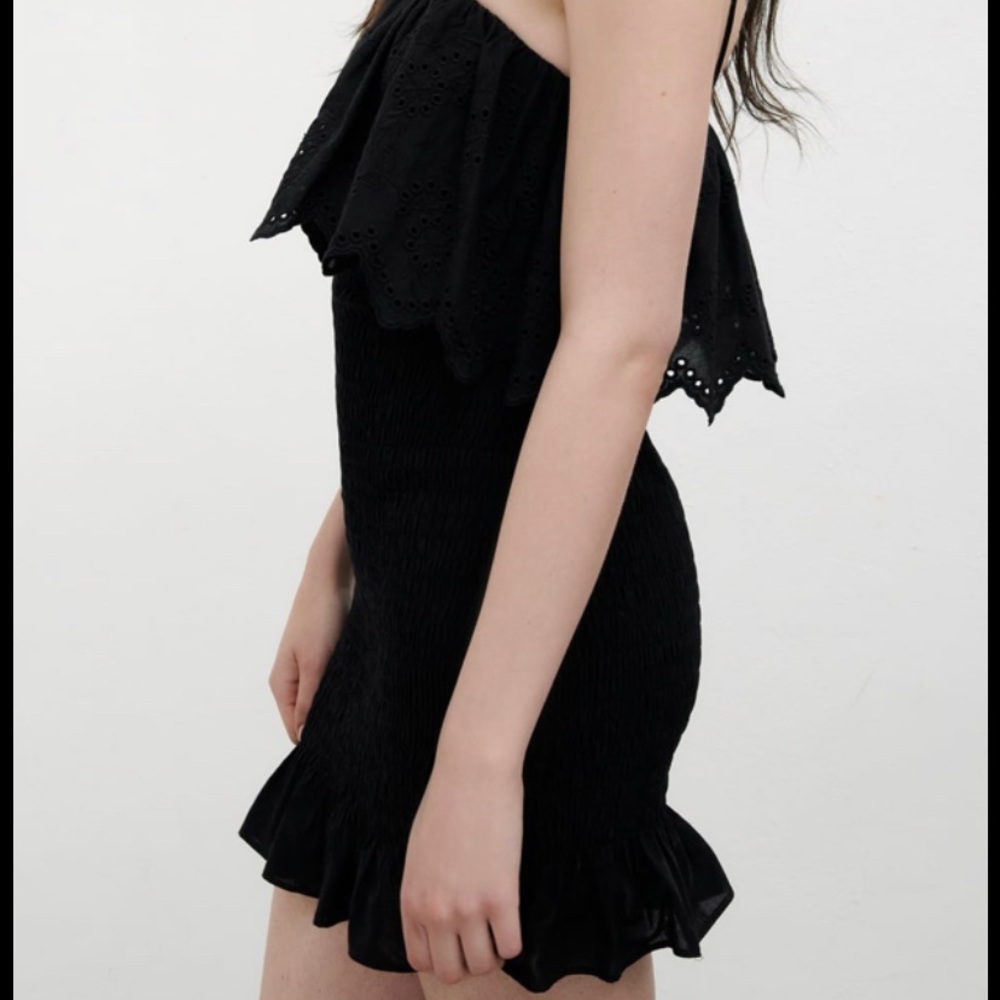 New ZARA black eyelet ruffled shirred dress SZ M